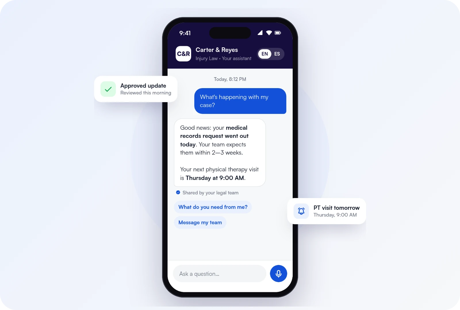 The Invilex app answering a client's question about their case, with an approved update and a physical therapy reminder