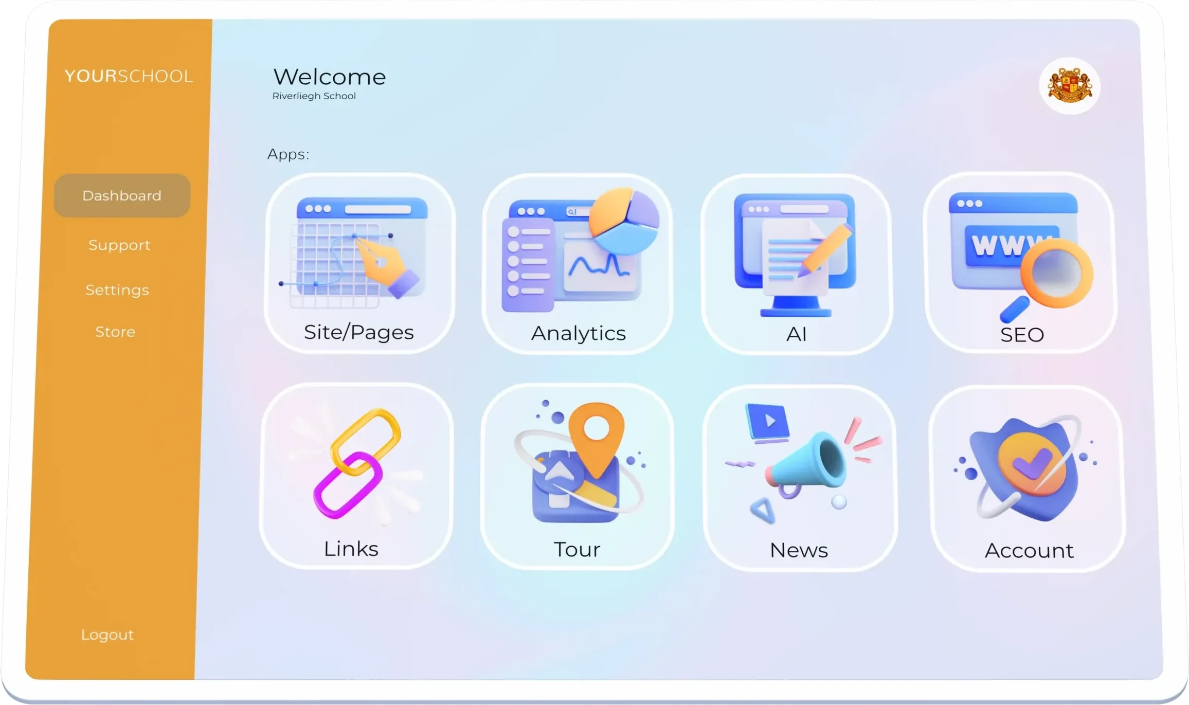The YourSchool dashboard with apps for site pages, analytics, AI, SEO, links, tours, news and account